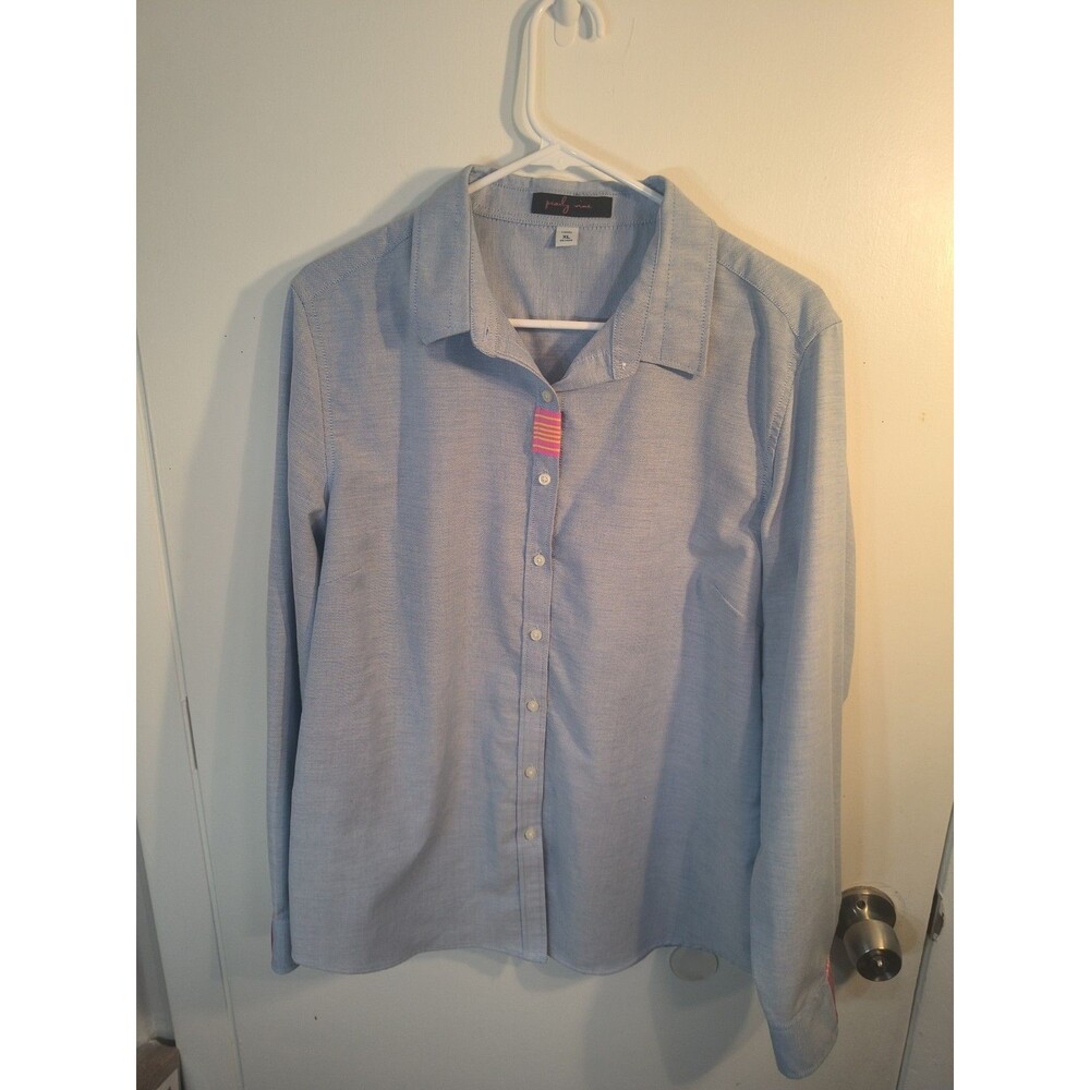 Pearly Vine Blue Oxford Button Up Shirt Womens XL Ribbon Contrast Trim Long...